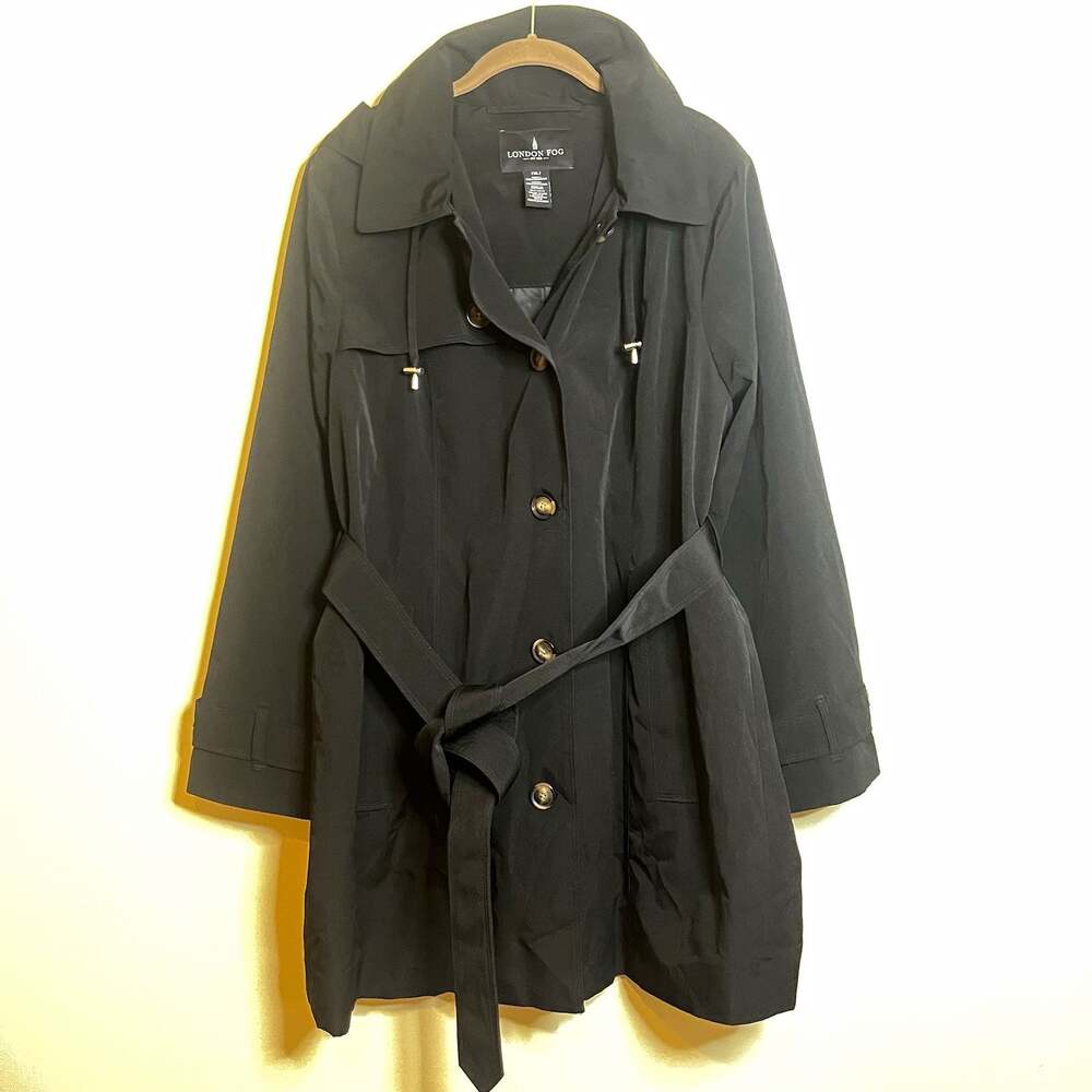 London Fog Size XL Black Belted Hooded Trench Coat XL Button Pockets Mid-Length